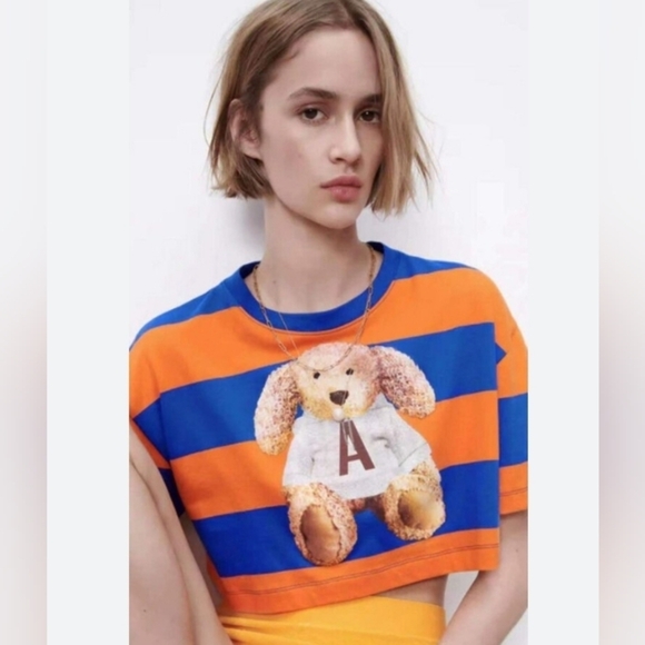 Zara stripe cropped blue orange tshirt with bear. Sz Lg. - Picture 1 of 4